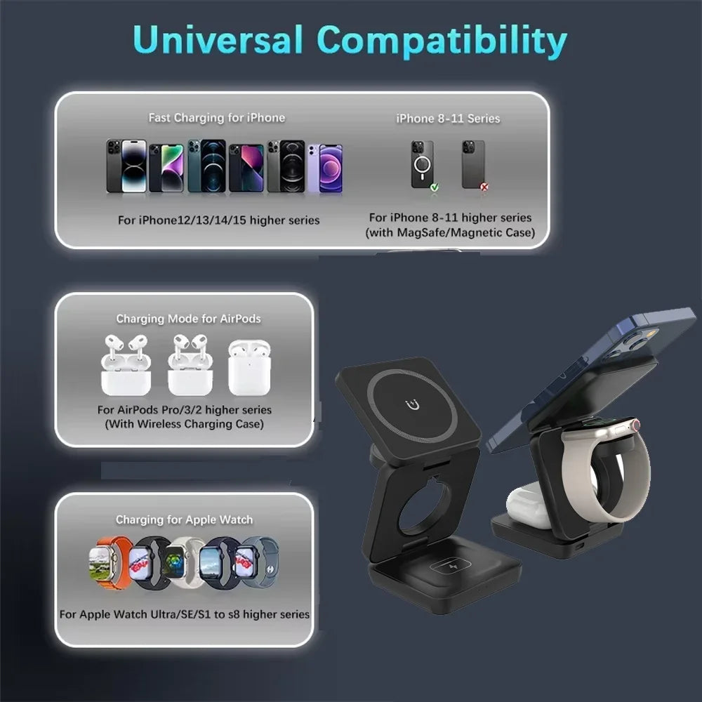 Estación De Carga Inalámbrica 3 En 1 Plegable – Móvil, Reloj Y Auriculares
